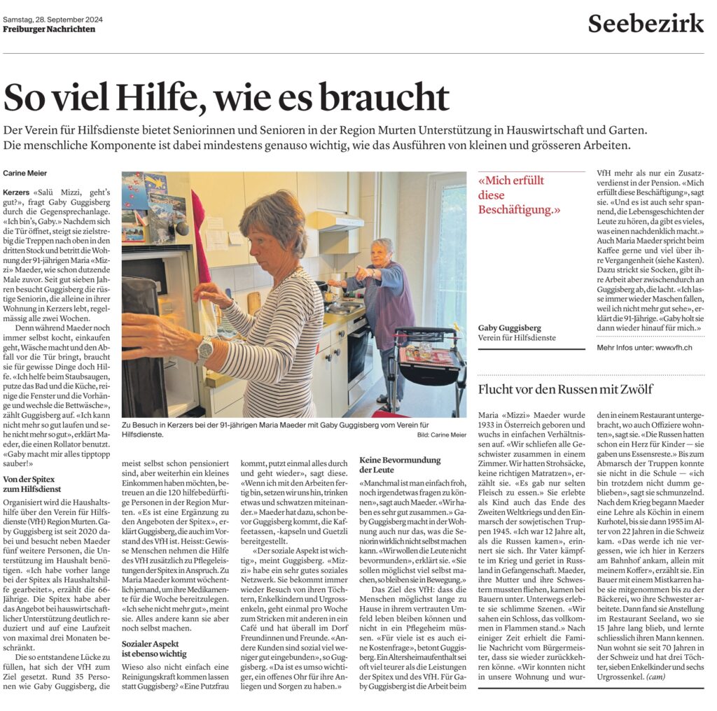 Bild Artikel FN 29.09.2024 Der VfH Region Murten gibt Einblick in sein Tun. Dies aus dem Blickwinkel einer Kundin und einer Mitarbeiterin.